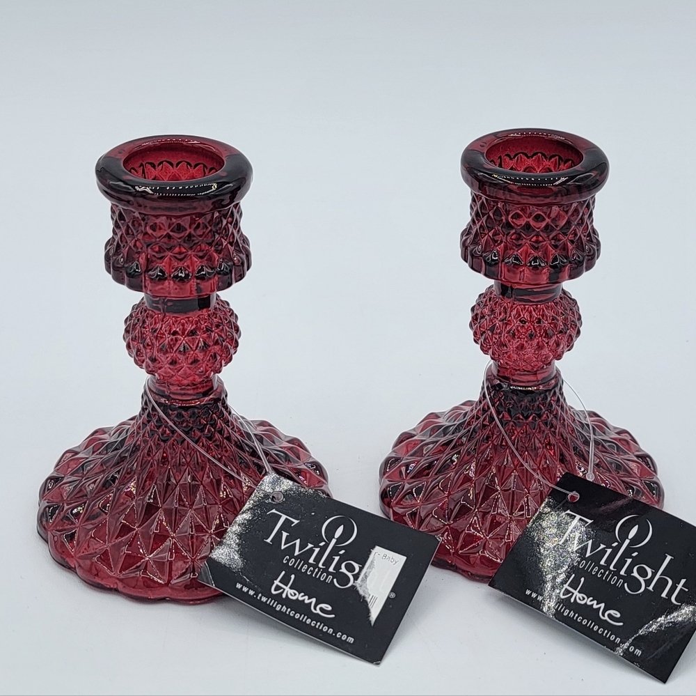 Glass Bordeaux Red Candlestick Holders Pair NWT #2791